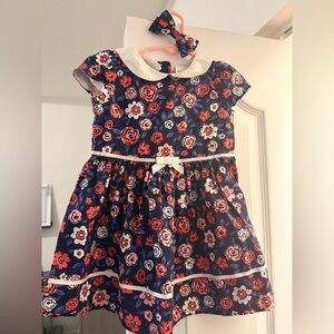 Gymboree Navy and Red Floral Dress with Matching Hair Bow